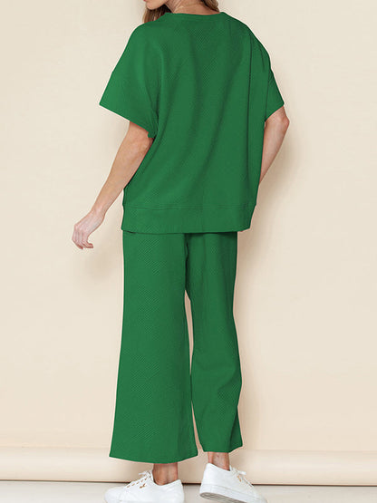 Loose Short Sleeves Solid Color Round-Neck T-Shirt Top + Drawstring Elasticity Pockets Pants Botttom Two Pieces Set