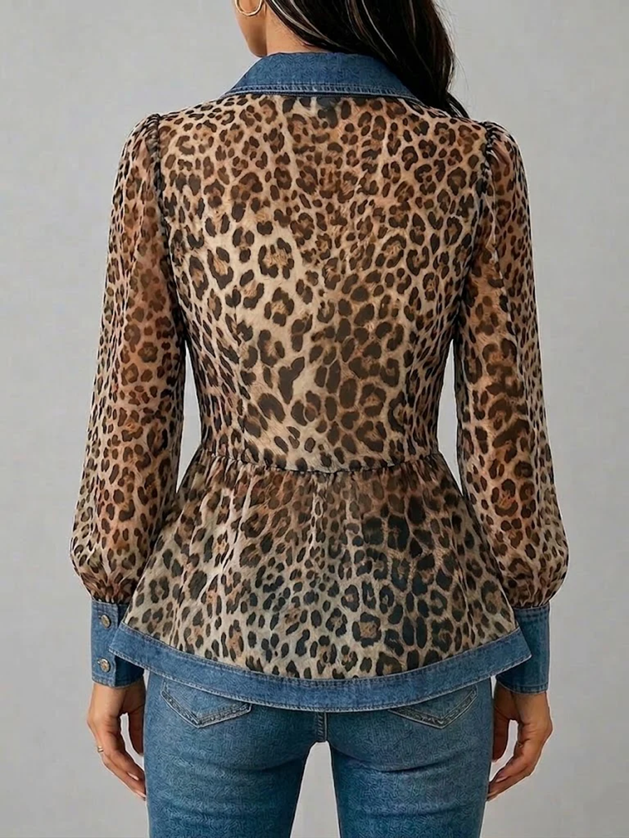 Long Sleeves Puff Sleeves Buttoned Contrast Color Leopard Pleated Split-Joint Lapel Blouses&Shirts Tops