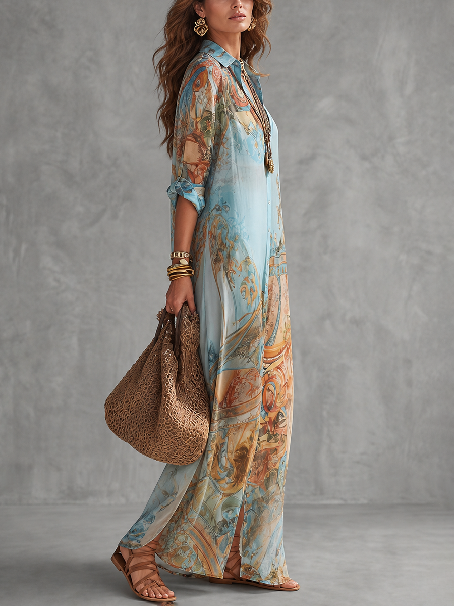 Long Sleeves Loose Buttoned Contrast Color Printed Lapel Maxi Dresses Shirt Dress