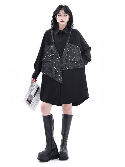 False Two Hipster Asymmetric Split-Joint Textured Lapel Collar Mini Dresses