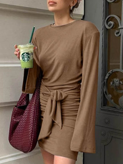 A-Line Bodycon Pleated Solid Color Tied Waist Zipper Round-Neck Mini Dresses