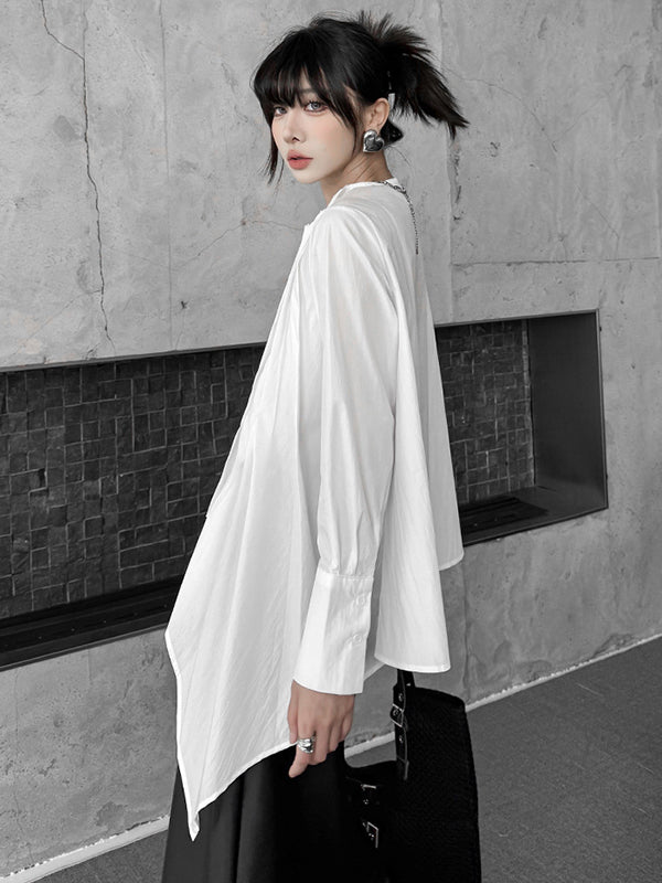 Hipster Irregularity Asymmetric Pleated Solid Color Round-Neck Blouses&Shirts Tops