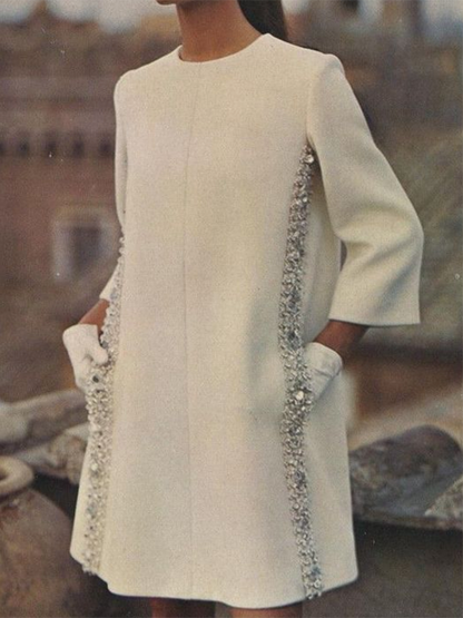 Lange Ärmel, lockere Pailletten, einfarbige Minikleider mit Rundhalsausschnitt 