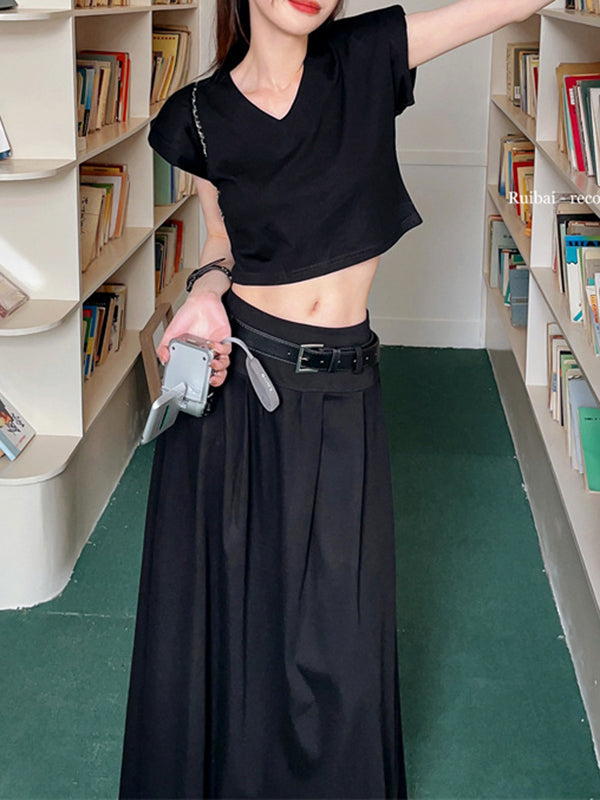 A-Line High Waisted Belted Pleated Solid Color Skirts Bottoms