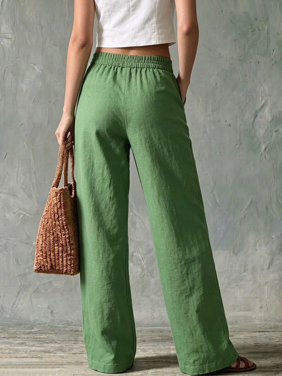 Solid Color Pockets Elasticity Buttoned Wide Leg High Waisted Trousers Pants