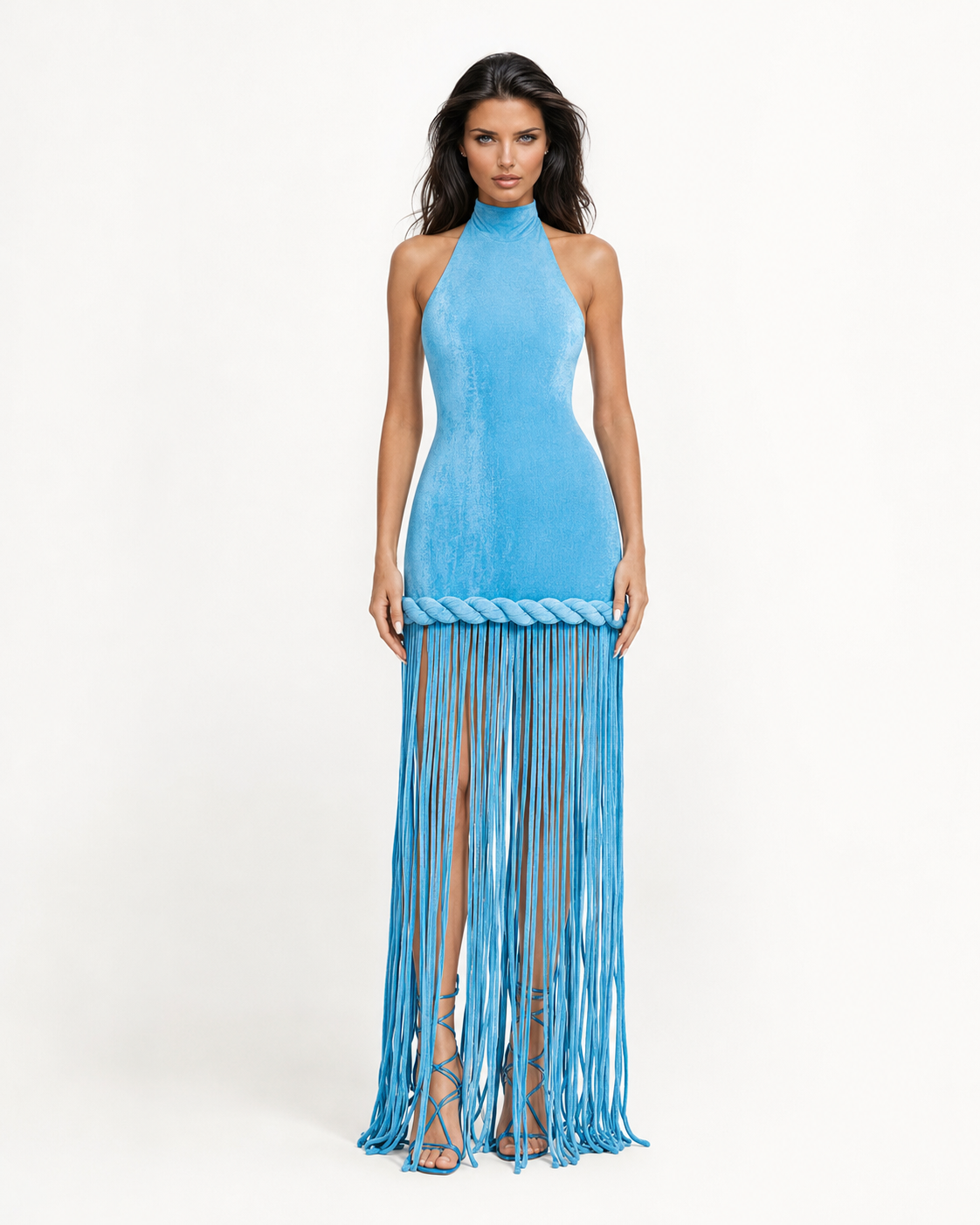 EYLUL Blue Lagoon Fringe Maxi Dress – Halter Bodycon Dress with Floor-Length Fringe