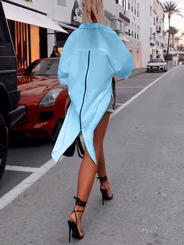 Chemisiers et chemises à manches longues, boutonnés, couleur unie, fermeture éclair, revers 