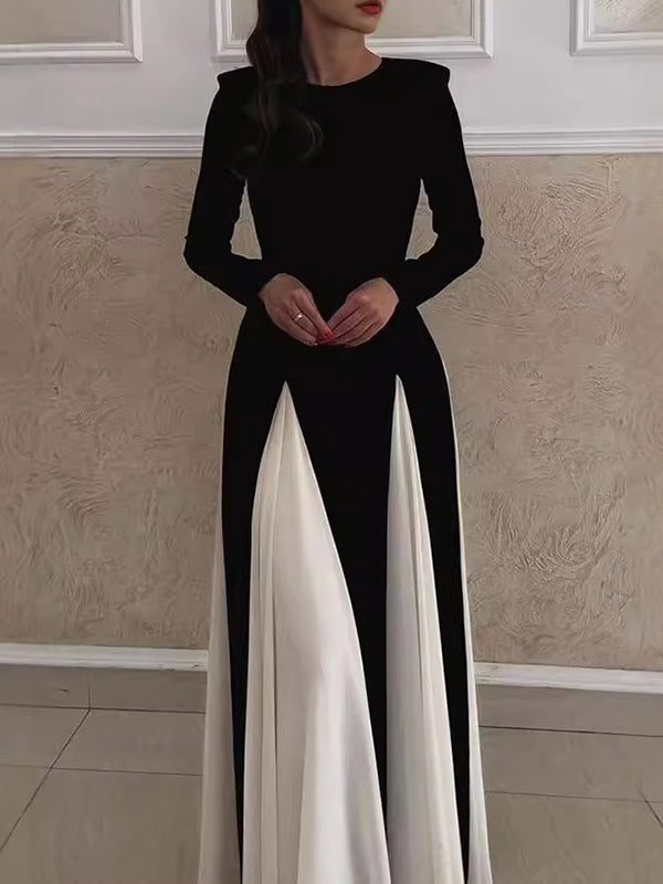 A-Line Long Sleeves Contrast Color Elasticity Pleated Split-Joint Round-Neck Evening Dresses Maxi Dresses