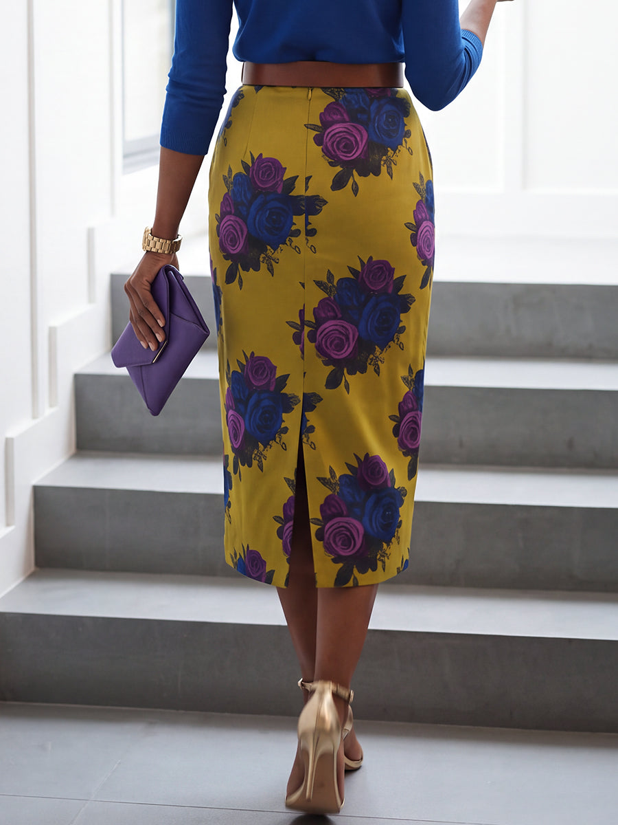 Zipper Pockets Flower Print Belted High Waisted Skirts