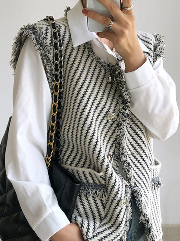 Gilet ample sans manches à poches boutonnées et à franges, rayé, col en V, vêtements d'extérieur 