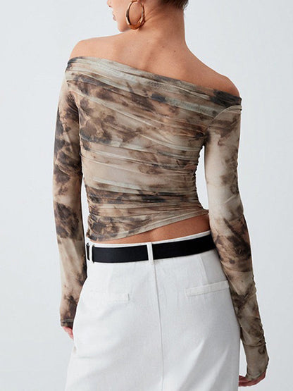 Long Sleeves Skinny Pleated Split-Joint Tie Dye Off-The-Shoulder T-Shirts Tops