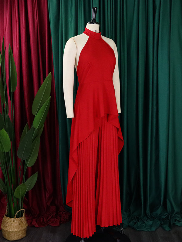 Ensemble deux pièces haut court et pantalon taille haute en dentelle à dos nu et col licou 