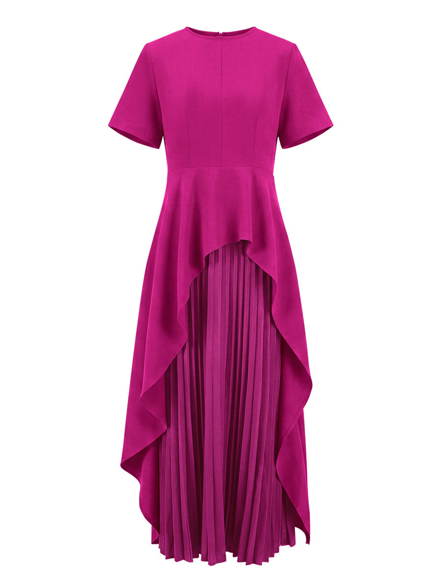 Split-Joint Solid Color Pleated Short Sleeves Loose Round-Neck Maxi Dresses