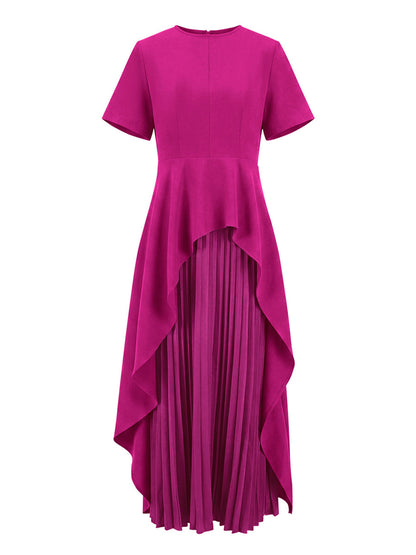 Split-Joint Solid Color Pleated Short Sleeves Loose Round-Neck Maxi Dresses