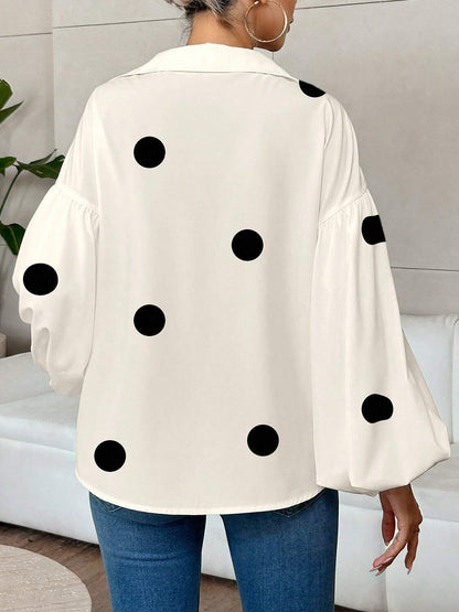 Long Sleeves Loose Contrast Color Pleated Polka Dot Split-Joint Lapel Blouses&Shirts Tops