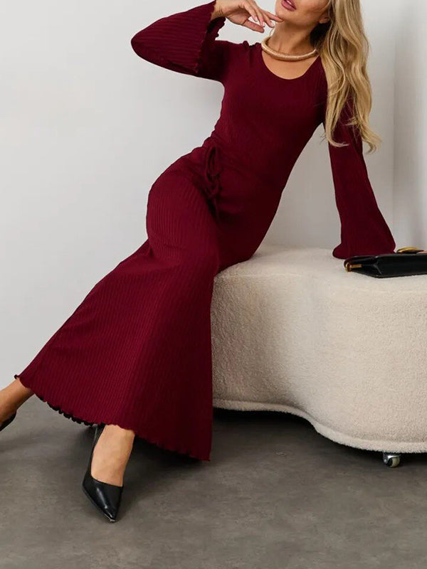 Long Sleeves Pleated Ruffled Solid Color Split-Joint Round-Neck Maxi Dresses