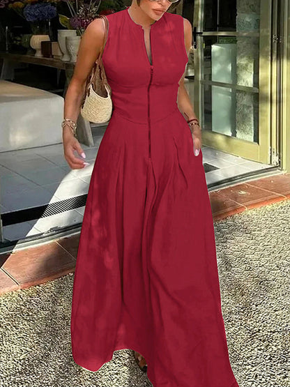 Robe longue trapèze ample à poches plissées, fermeture éclair fendue et col rond 