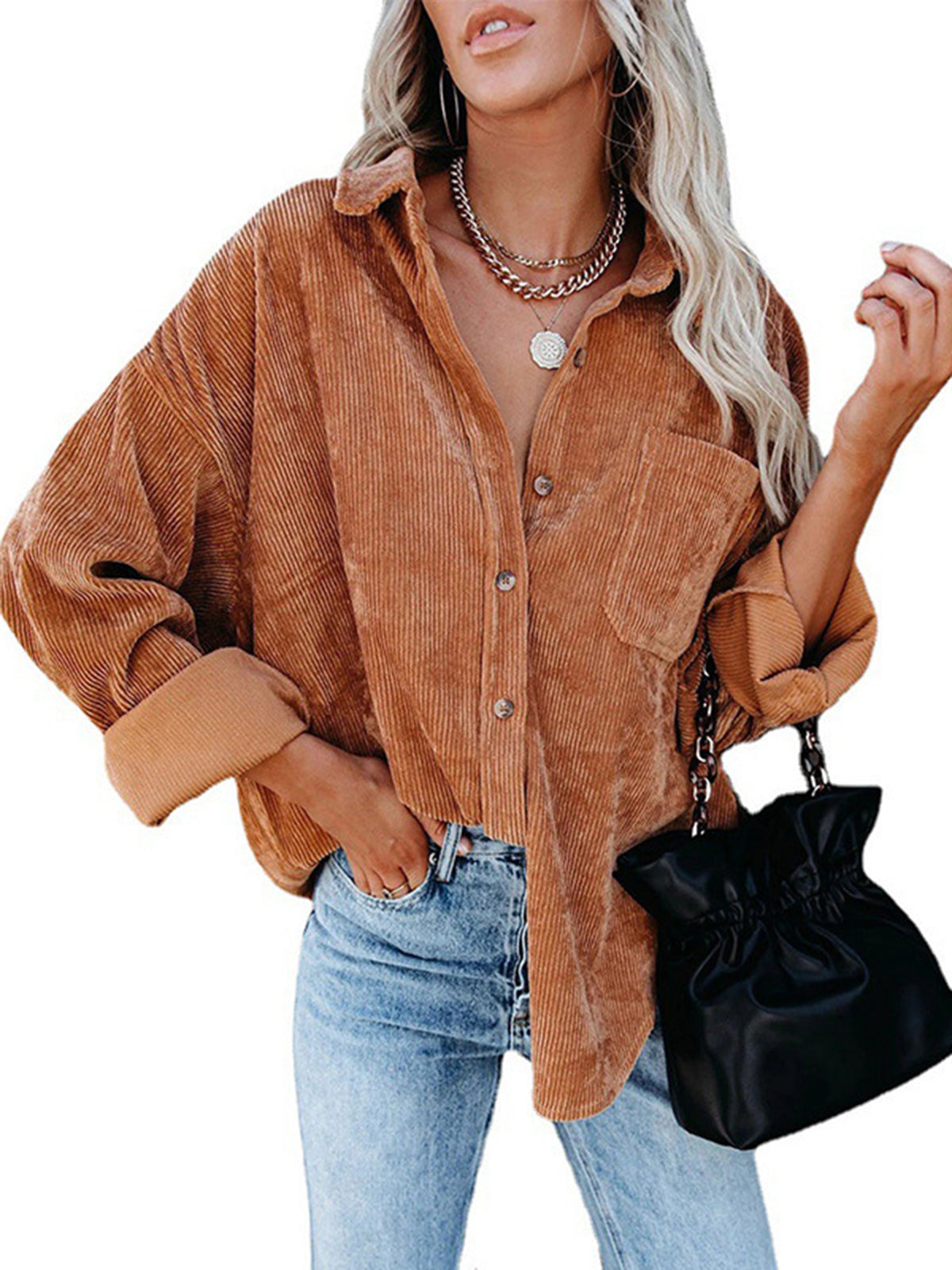 Split-Joint Solid Color Pockets Buttoned Long Sleeves Lapel Blouses&shirts Tops