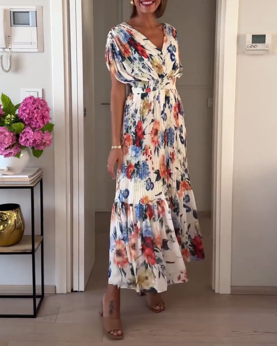Colorful floral print pleated dress
