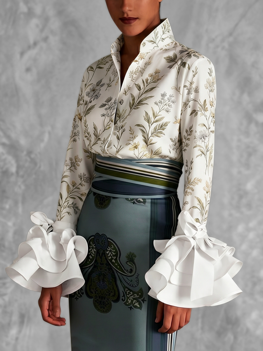 Long Sleeves Ruffle Sleeves Buttoned Flower Print Lapel Blouses&Shirts Tops