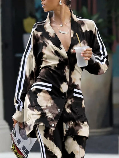 Pockets Contrast Color Buttoned Loose Long Sleeves V-neck Outerwear