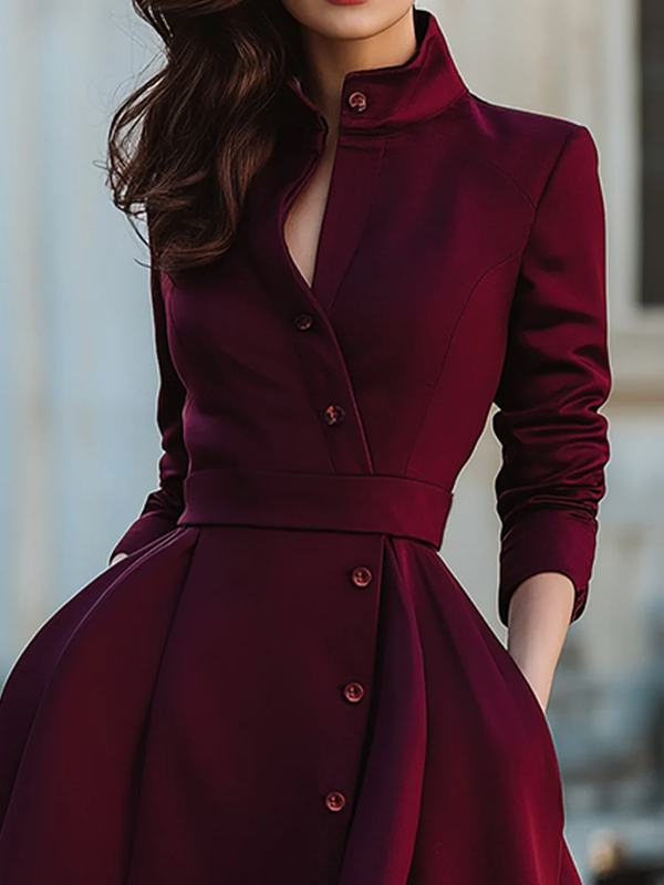 A-Line High Waisted Buttoned Pockets Solid Color Split-Joint Stand Collar Midi Dresses