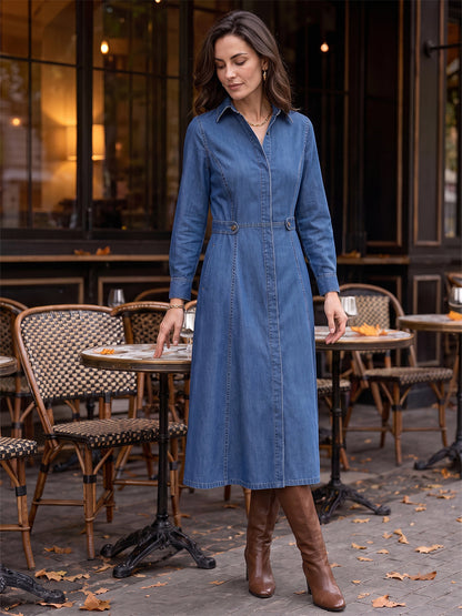 Split-Joint Solid Color Pockets Buttoned Long Sleeves High Waisted Lapel Midi Dresses