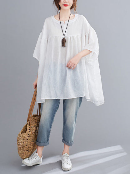 Halbarm Lose Plissee Durchsichtige Einfarbige Rundhals Blusen &amp; Hemden Tops 