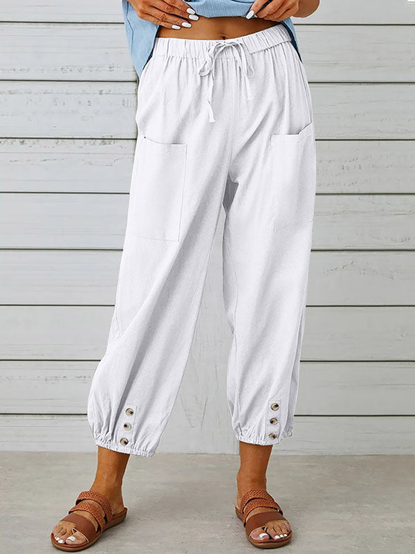 High Waisted Loose Buttoned Drawstring Elasticity Pockets Split-Joint Ninth Pants Trousers