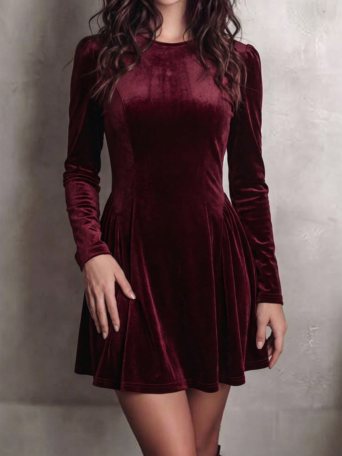 Velvet Solid Color Pleated Hollow Long Sleeves High Waisted Round-neck Mini Dresses