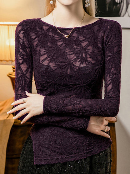 Long Sleeves Plus Size Hollow See-Through Solid Color Split-Side Round-Neck T-Shirts Tops