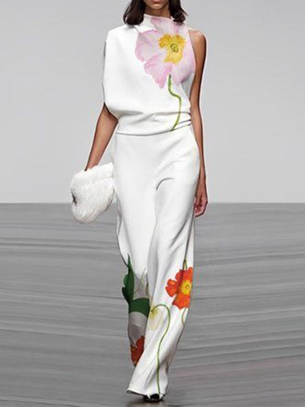 Lockere, asymmetrische Hose mit hohem Bund und Blumenmuster 