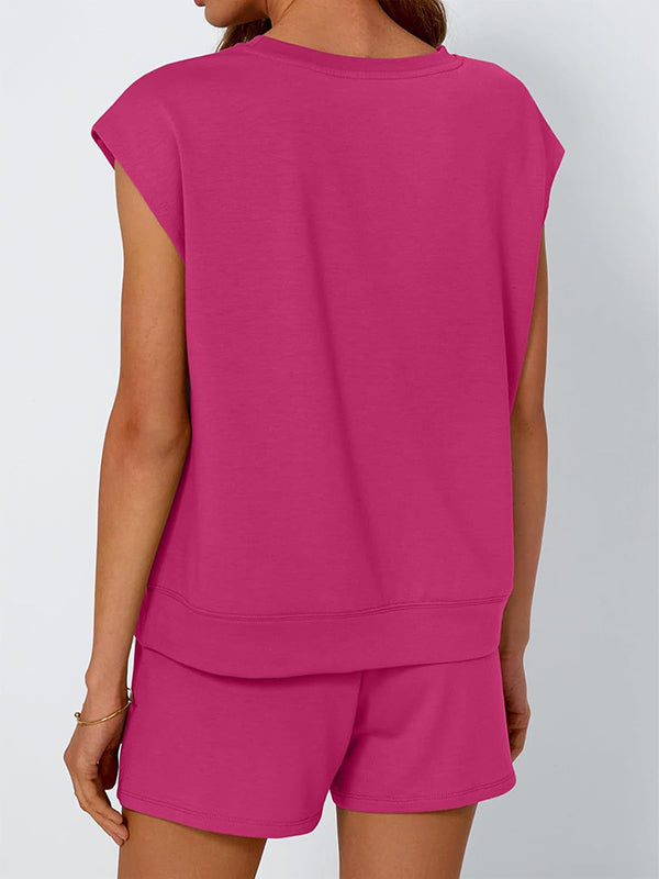 Loose Raglan Sleeve Solid Color Split-Joint Round-Neck T-Shirt + Drawstring Elasticity Shorts Two Pieces Set