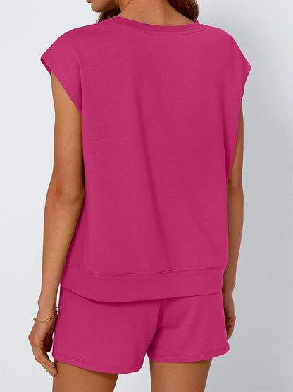 Loose Raglan Sleeve Solid Color Split-Joint Round-Neck T-Shirt + Drawstring Elasticity Shorts Two Pieces Set