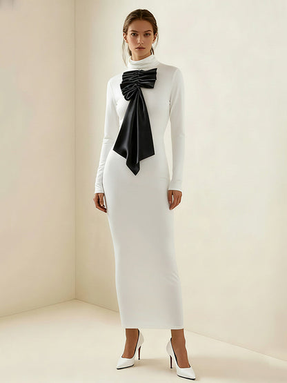 Bodycon Long Sleeves Bow-Embellished Contrast Color Half Turtleneck Maxi Dresses