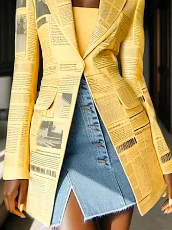 Long Sleeves Newspaper Print Split-Joint Lapel Blazer Suits