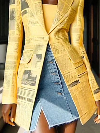 Long Sleeves Newspaper Print Split-Joint Lapel Blazer Suits