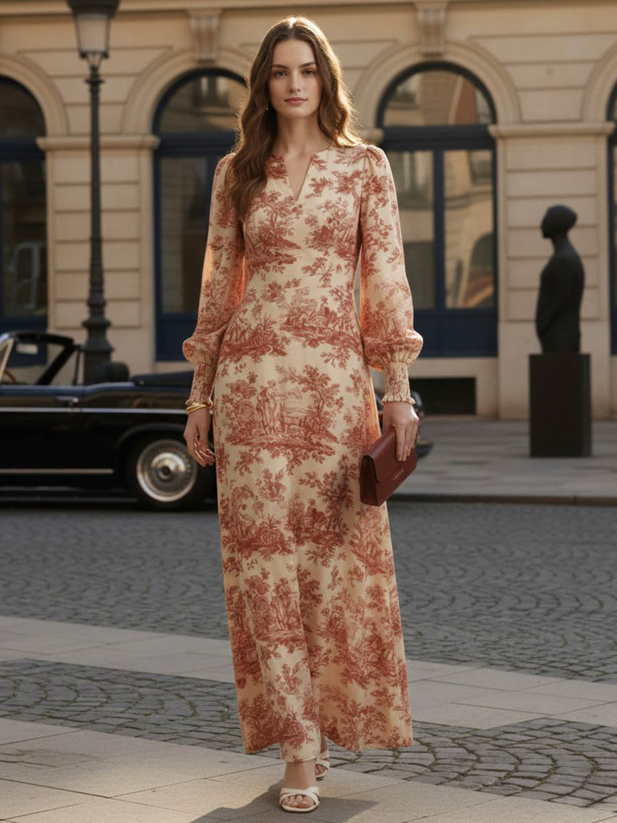 Elasticated Waist High Waisted Contrast Color Pleated Printed Split-Joint V-Neck Maxi Dresses
