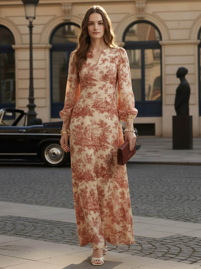 Elasticated Waist High Waisted Contrast Color Pleated Printed Split-Joint V-Neck Maxi Dresses