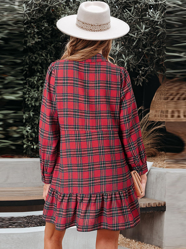 A-Line High Waisted Buttoned Plaid Pleated Pockets Lapel Mini Dresses