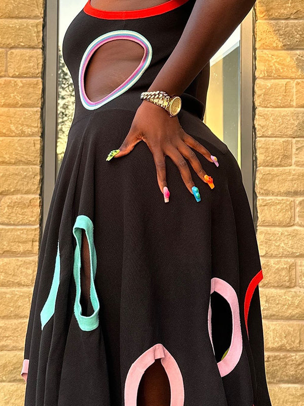 A-Line High Waisted Contrast Color Hollow Round-Neck Maxi Dresses