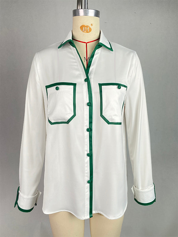 Long Sleeves Loose Buttoned Contrast Color Pockets Lapel Blouses&Shirts Tops
