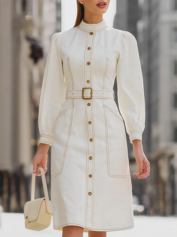 Long Sleeves Buttoned Pleated Pockets Mock Neck Midi Dresses