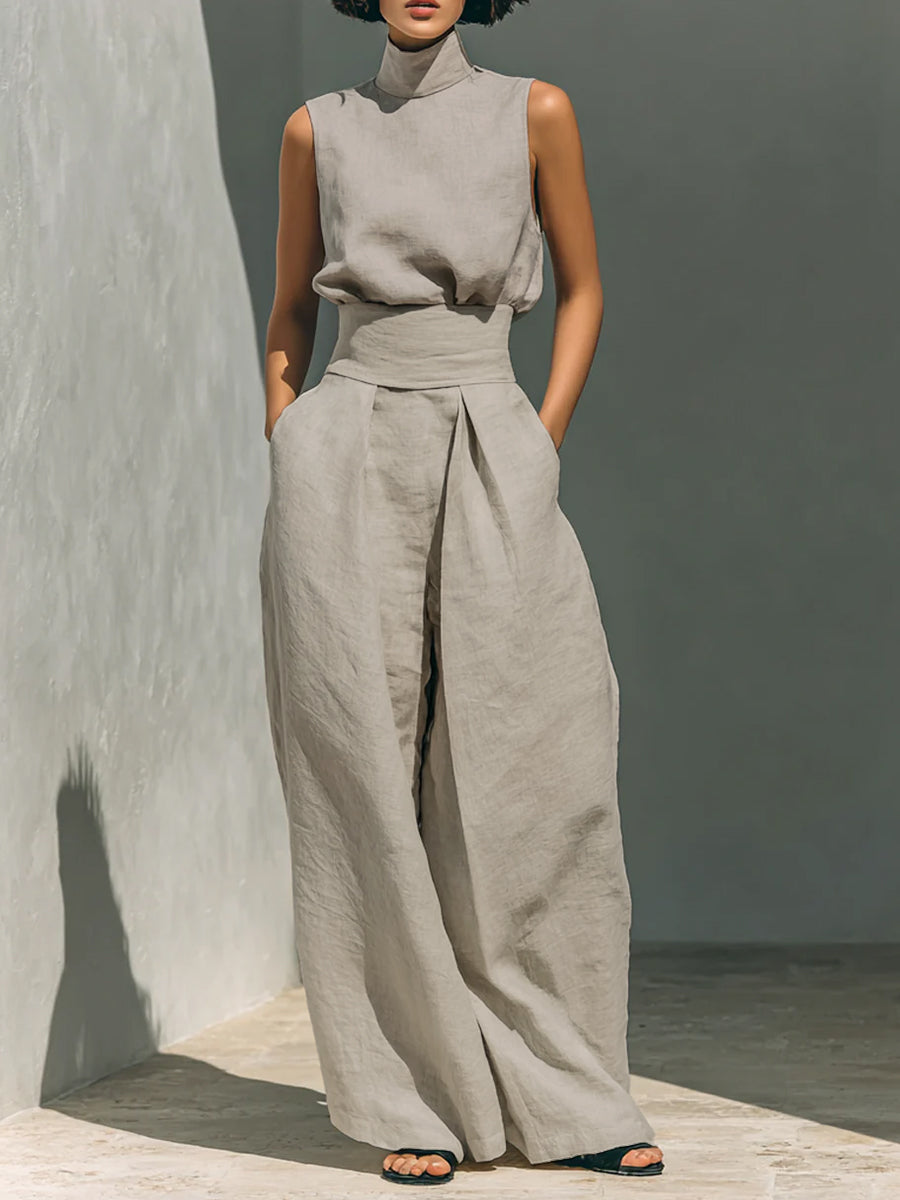 Sleeveless Buttoned Hollow Solid Color Split-Joint Mock Neck Blouses&Shirts Tops