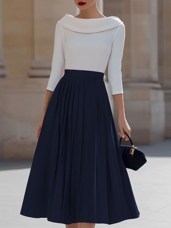 A-Line Three-Quarter Sleeves Pleated Split-Joint Round-Neck Midi Dresses