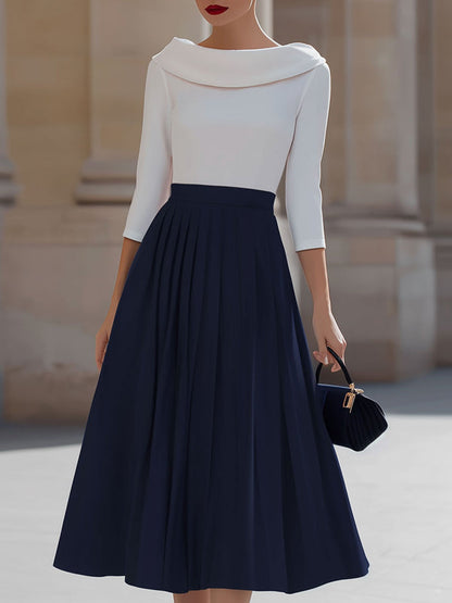 A-Line Three-Quarter Sleeves Pleated Split-Joint Round-Neck Midi Dresses