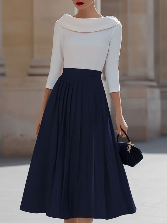 A-Line Three-Quarter Sleeves Pleated Split-Joint Round-Neck Midi Dresses