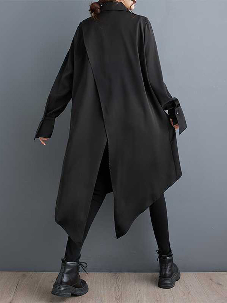 Irregularity Long Sleeves Buttoned Pockets Solid Color Split-Joint Lapel Midi Dresses Shirt Dress
