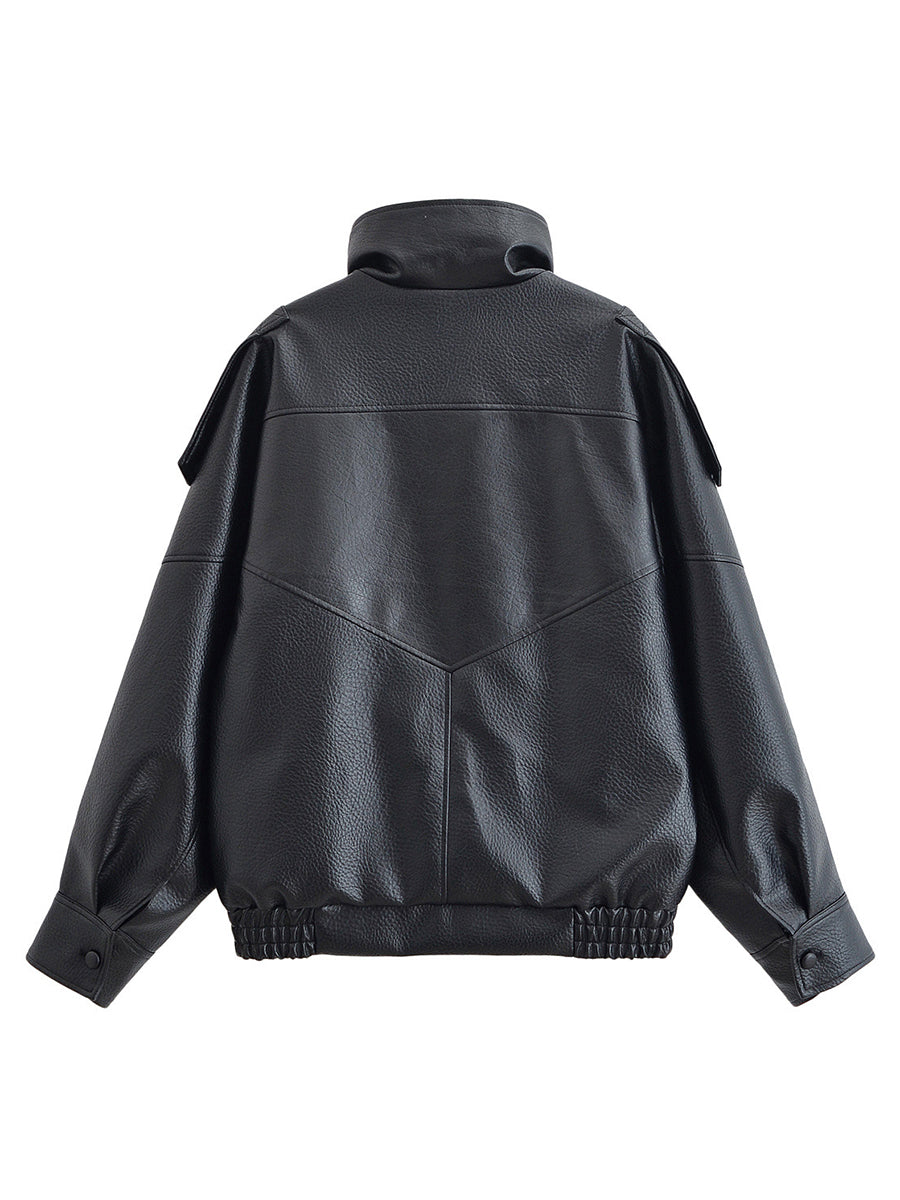 Zipper Split-Joint Solid Color Pockets Elasticity Buttoned Asymmetric Long Sleeves Stand Collar Outerwear Jackets