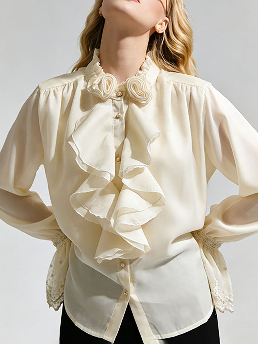 Long Sleeves Ruffle Sleeves Buttoned Pleated Ruffled Solid Color Split-Joint Stand Collar Blouses&Shirts Tops
